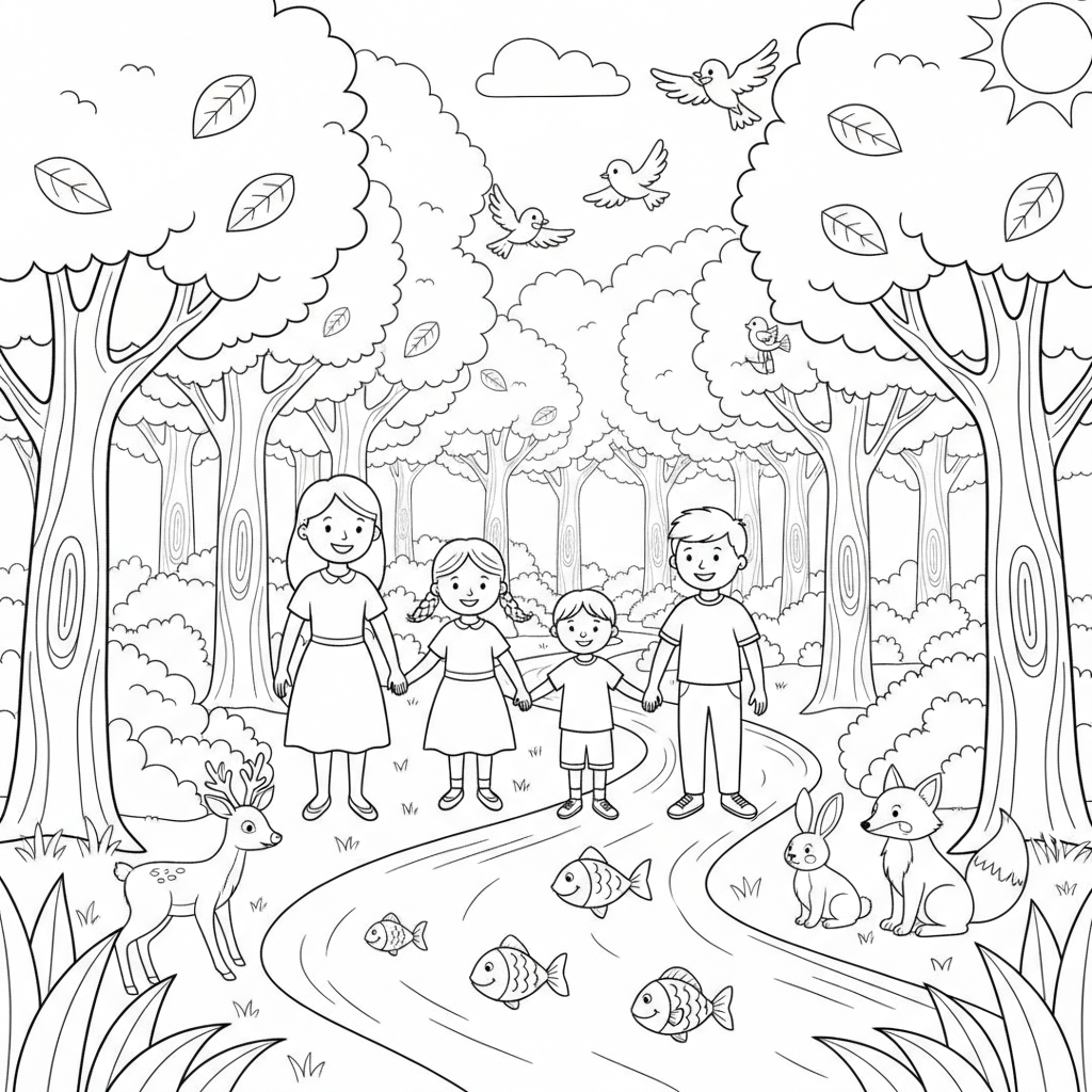 Familia en el bosque con animales